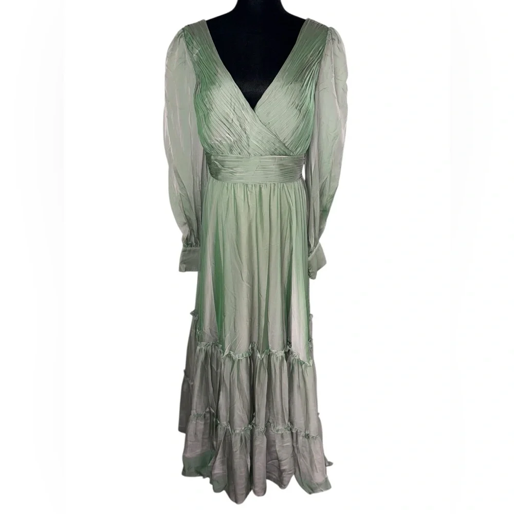 Mac Duggal FAUX WRAP ILLUSION BISHOP SLEEVE TIERED GOWN Sage NWT - Picture 8 of 16